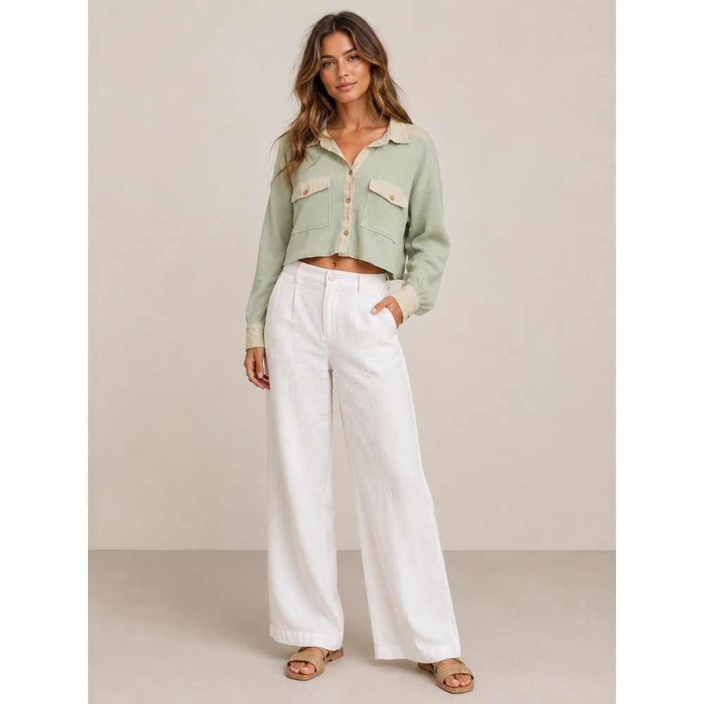 Franco Womens Sage Green Waffle Knit Cropped‎ Button Down Shacket Shirt Medium